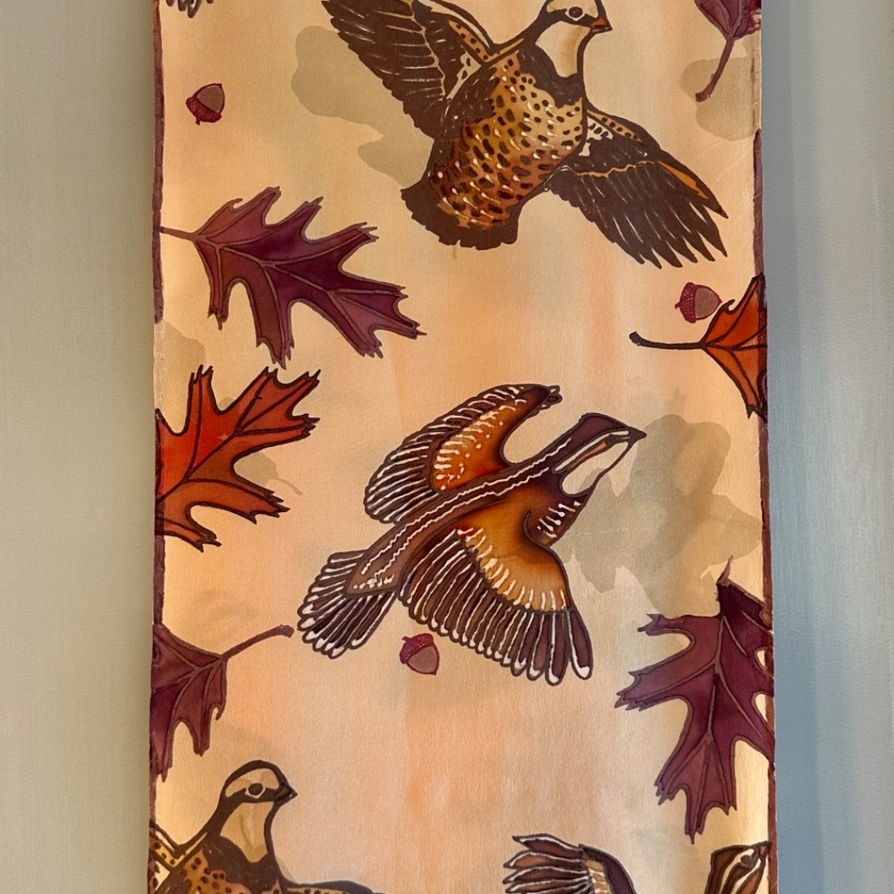 Handmade Silk Scarf, Original Design One-of-a-Kind Quails Grouse Leaves Tan - Picture 2 of 9